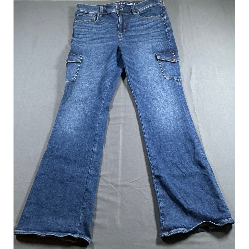 American Eagle Women 12 Cargo Flare Jeans Medium Wash Stretch Denim High Rise